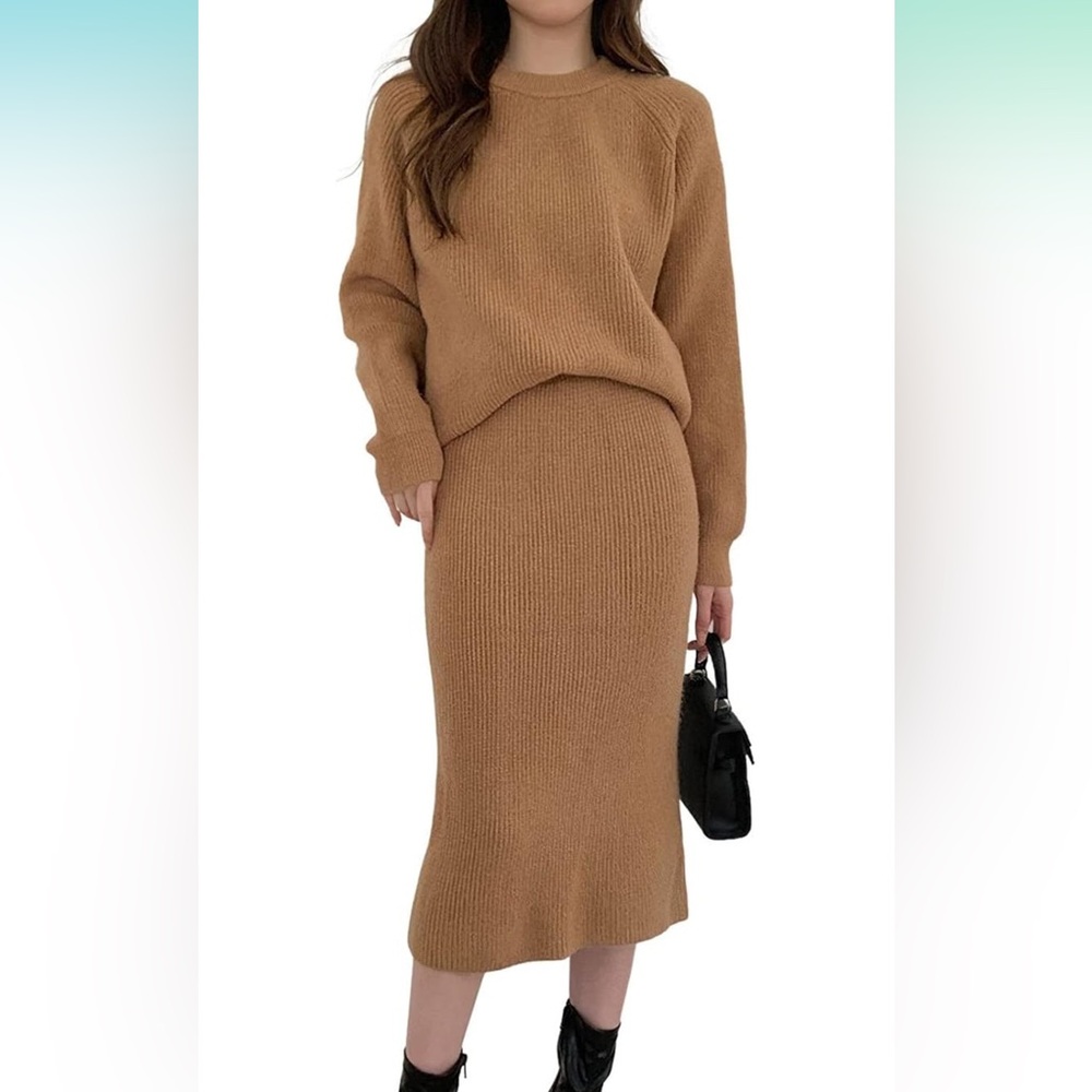 Cozy Ribbed Knit Skirt Set in Camel